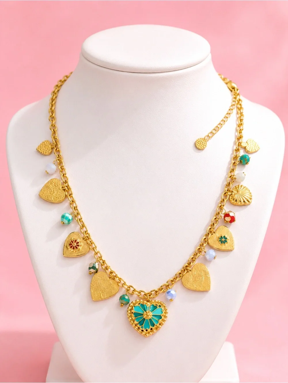 Mosaic Gold Heart Charm Necklace with Turquoise and Multicolor Beads - Picture 1 of 10